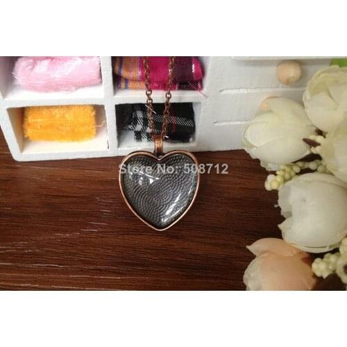 50sets antique copper Color Pendant Trays 25mm Heart bezel Cup Cabochon Mountings with matched Glass Cabs and Chain with clasp