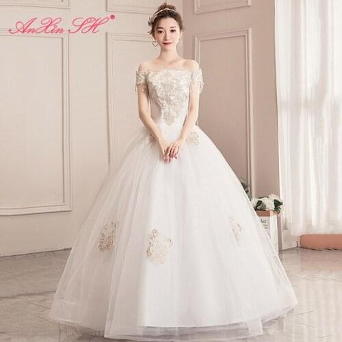 AXJFU princess champagne flower lace white wedding dress party vintage boat neck rose bride glaring wedding dress