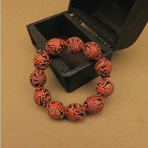 Engraved Characters Large Buddha Bead Bracelet Geometric Resin Carving Vivid Dragon Phoenix Beads Bracelet Temple Fair Jewelry