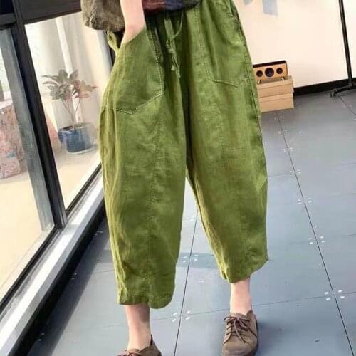 2021 New Arrival Summer Arts Style Women Loose Casual Elastic Waist Harem Pants All-matched Cotton Linen Ankle-length Pants W117