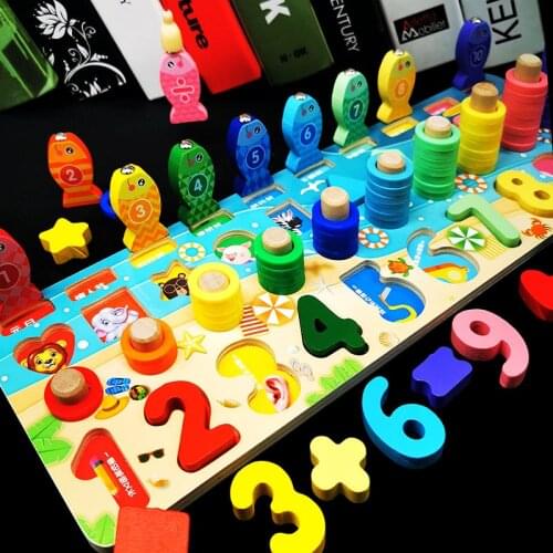 Wooden Montessori Preschool Education Toy Count Geometric Shapes Magnetic Fishing Building Blocks Puzzles Busy Board Math Toy