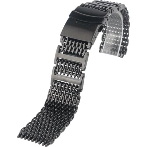 HQ 20mm 22mm 24mm Mens Stainless Steel Watch Band Shark Mesh Wrist Strap Luxury Bracelet Replacement Black Push Button