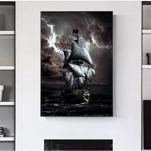 Pirate Ship At Sea Canvas Painting Black Sailboat Vintage Posters and Prints Vessel Wall Pictures for Living Room Decor Quadro