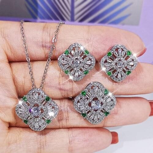 2021 New Three-piece Set Female Necklace Ring Earring Geometric Shape Inlaid Green Zircon Jewelry Wedding Set