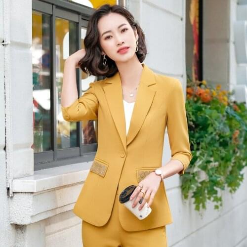 IZICFLY New Style Summer Green 2 Piece Blazer Suits Women Outfits Slim Half Office Yellow Business Set With Pants Work Wear
