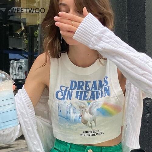 Y2K Aesthetics Cartoon Print White Crop Tops Summer Streetwear 90S O-Neck Sleeveless Tank Tops 2021 E-Girl Fashion Vests