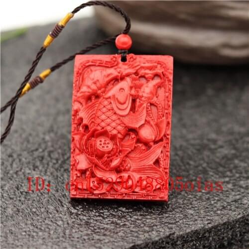 Fish Lotus Pendant Necklace Chinese Natural Red Organic Cinnabar Buddhism Carp Amulet Charm Jewellery Fashion Woman Gifts
