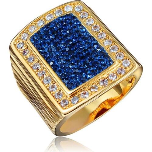 Blue Rhinstone Square 18K Gold Punk Hyperbole Mens Ring Size 7 8 9