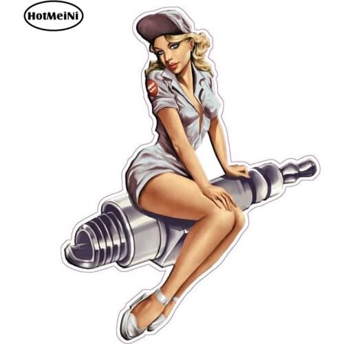HotMeiNi 13cm x 10cm Spark Plug Pin Up Girl Decal Sexy Cartoon Graphical Funny Car Stickers Motorcycle Car Decal Accessories