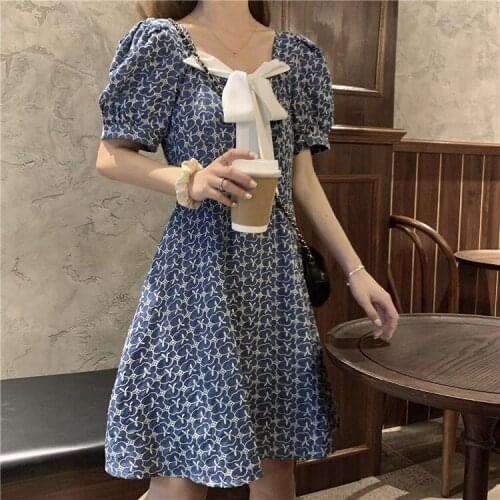 Dresses for Women 2021 Vintage French Lantern Sleeve Square Collar Sweet Bow Birthday Dress for Women Summer Print Mini Dress