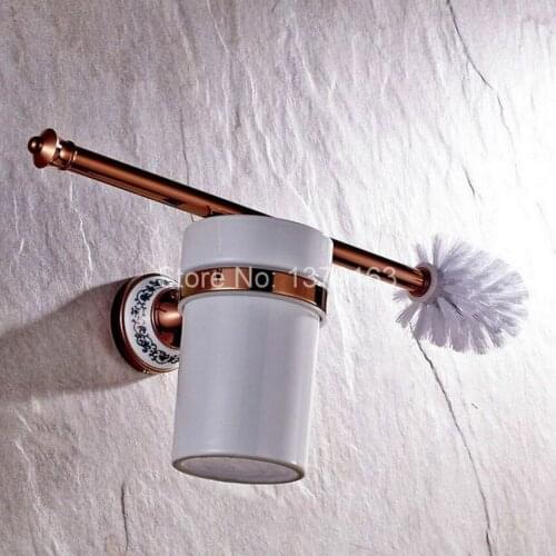Luxury Golden Rose Gold Brass Wall Mounted Toilet Brush & Holder Set White Brush Ceramic Cup Bathroom Accessory aba387