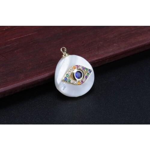 Evil eye rainbow cz glass paved charm white round bead mother pearl shell pendant & choker necklace for women