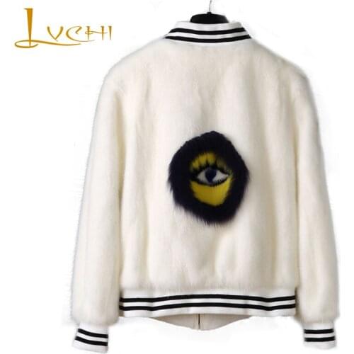 LVCHI Winter 2019 Cartoon Pattern Real Mink Fur Coat Womens Long Sleeve Print Jacket Coat Short Striped 6 Color Loss Mink Coats