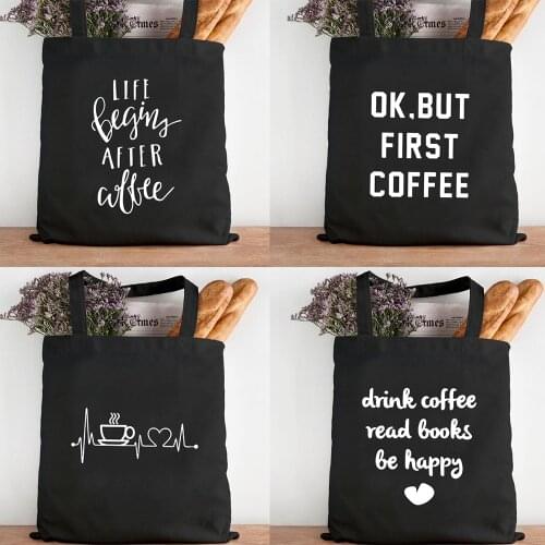 Mom Life Women Shoulder Cloth Bags Reusable Shopper Teacher Student Book Bags First Coffee Printing Canvas Shopping Black Bags