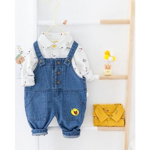 Spring Autumn Kids Boys Clothes 2 Piece Sets Gentleman Smiley Shirt+Denim Bibs Pants Casual Kids Children Outfits 6M-4T