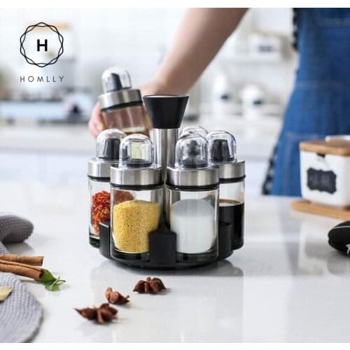 Homlly Rotary Glass Condiment Spice Bottle Stand Set (6 pcs)