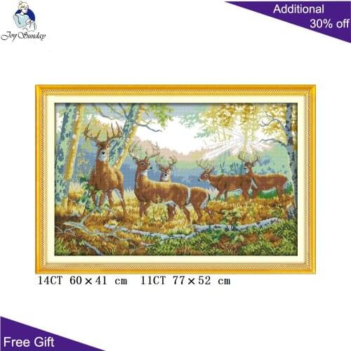 Joy Sunday Five Deer in Forest Cross Stitch D574 14CT 11CT Stamped and Counted Five Deer in Forest Cross Stitch Room Home Decor