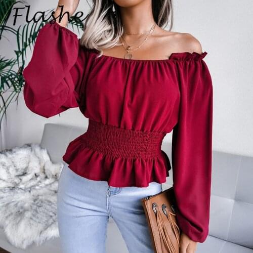 Sexy Women Shirt Blouse Long Sleeve Solid Ruffle Shirt Ladies Tops Blouses Autumn Female Off Shoulder Shirts Casual Lady Top