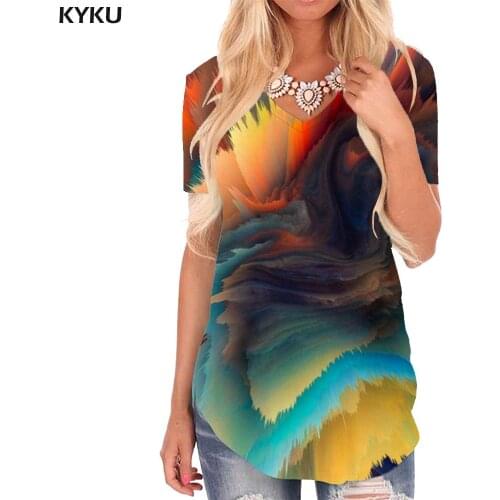 KYKU Graffiti T-shirt women Colorful Funny T shirts Dizziness V-neck Tshirt Pigment Tshirts Printed Womens Clothing Hip hop