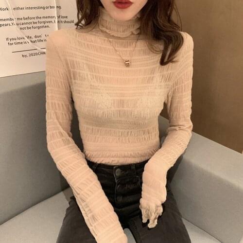 Woman Tshirts Turtleneck Grenadine Long Sleeve T-shirt Womens Autumn Clothing Lace Top Tops Mujer Camisetas
