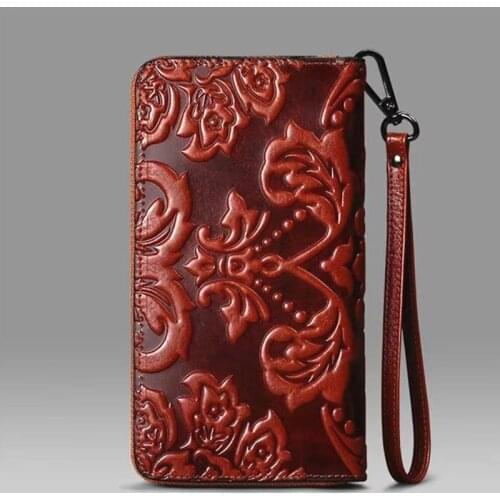 Womens Leather Three-dimensional Embossed Flower Logo Purse Wrist Strap Large Capacity Long Hand Wallet Mobile Phone Bag Purple