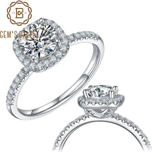 GEMS BALLET 4 Prong Square Halo Engagement Rings 925 Sterling Silver Round Stone 1Ct VVS1 Moissanite Ring For Women Jewelry