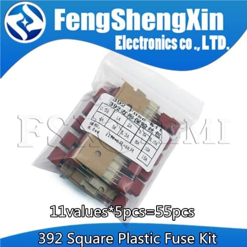 11values=55pcs Square Plastic Fuse Assortment Kit 392 0.5A 1A 2A 2.5A 3.15A 4A 5A 6.3A 8A 10A 15A 250V Fuses Slow Blow Tube set