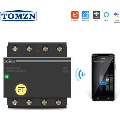 3 phase Din Rail WIFI Circuit Breaker Smart Switch Remote Control by Smart Life TUYA for Smart Home 80A TOMZN Mini TOWBC-4P-T