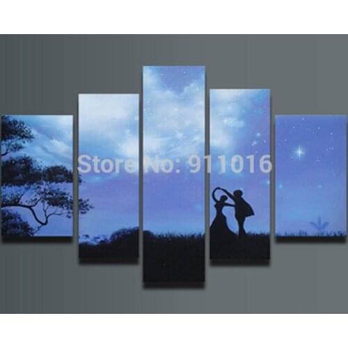Handmade 5P Landscape Oil Paintings On Canvas Wall Art Romance Lover Scenery Night Scene Pictures For Living Room Decor