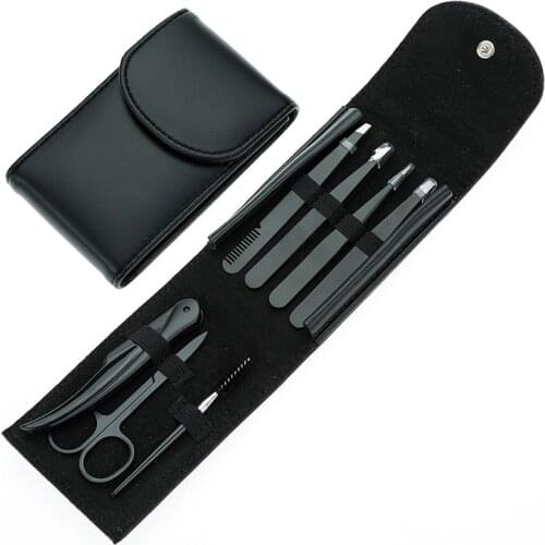 7 Piece Professional Stainless Steel Eyebrow Tweezers Set Hair Slant Tool Eyebrow Clip Stickers With Case Makeup Tool Set