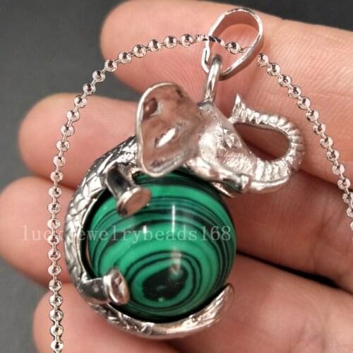 Free Shipping Women Fashion Jewelry Malachite Ball Elephant Art Necklace With Chain 1pcs C5555n