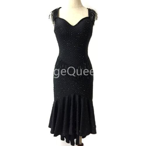 Glitter Beads Rhinestones Latin Dance Dress Female Adult Sexy Competition Dance Clothes Black Elastic Mesh Gauze Tango Dresses