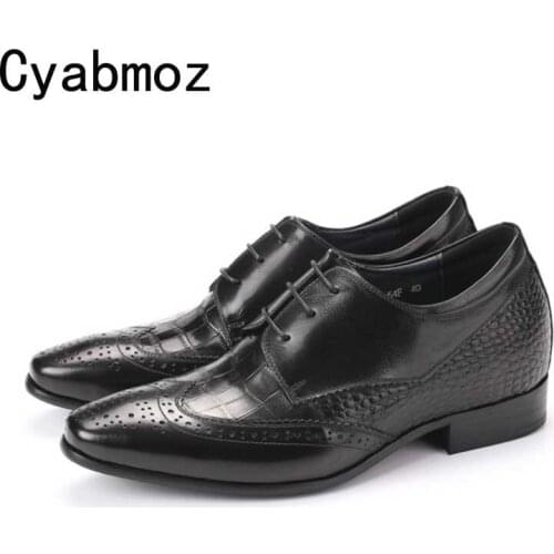 Cyabmoz Height increasing 6cm Men Dress shoes Genuine Leather Brogue Business Oxfords Crocodile British Invisible Elevator shoes