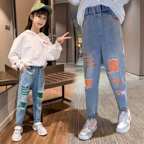 Hole Broken letters Kids Spring Autumn Cute Pattern High Quality Children cowboy Pants Casual Trouses Baby Boy Jeans