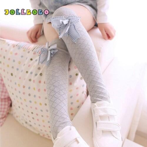 Toddler Girl Knee High Socks Cute Spring Autumn Childrens Kawaii Bow Plaid Cotton School Socks for Kids 3-12 Years White Gray