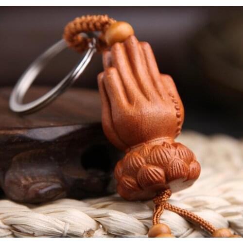 Chinese Peach Wood Carved Lotus Flower Buddha Hand Two Hands Together Exquisite Car Key Chain Pendant
