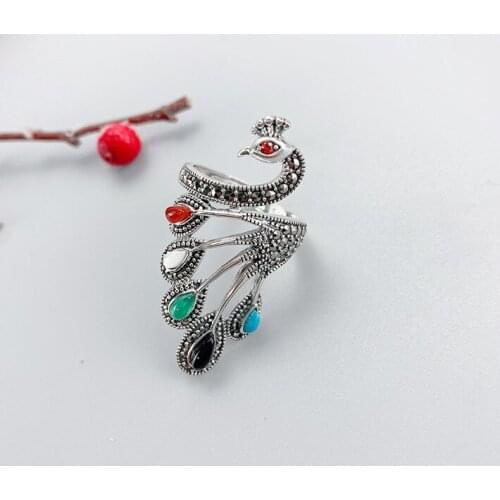 Real s925 sterling silver vintage peacock shape multicolored stone Thai silver ring