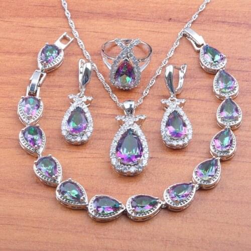 2021 New Bridal Jewelry Sets Water Drop Rainbow Zirconia Silver Color Earrings Necklace Pendant Ring Bracelet Sets JS0572