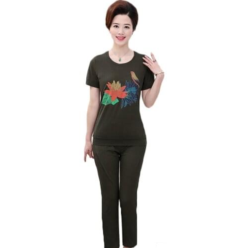 Summer Sporting Suit Womens 2020 New Middle-aged 2 Piece Suit Women Short Sleeve T-shirt+pants Sets Women Large Size Print Sets