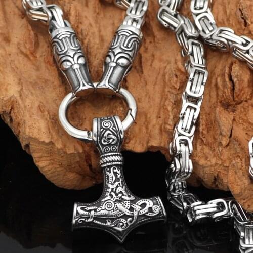Men Wolf Head With MJOLNIR Thor hammer Amulet Pendant necklace With Valknut Gift Bag-King chain