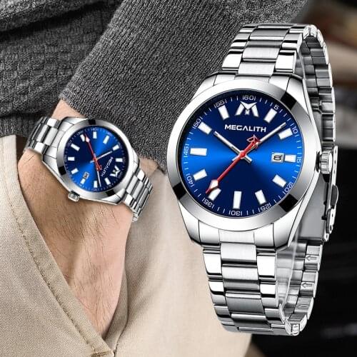 MEGALITH Blue Dial Mens Watches Fashion Luxury Waterproof Date Analog Wrist Wacthes Men Quartz Movement Watch Clock for Man 8603