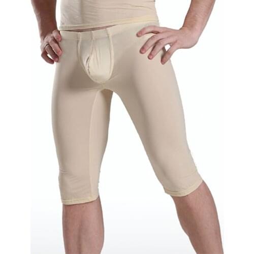 Men Transparent Capris Sexy Ice Silk Pants Low Waist Five Pants Sexy Tight U Convex Pouch Pocket Pajama Breathable Trousers