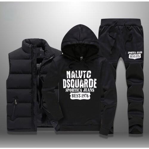 Mens Winter Tracksuits Casual Sportswear Sweatshirts Mens Set 3 Pieces Warm Vest Sweatpants Hoodie Letter Printed Plus Size 5XL