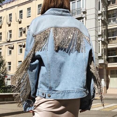 2020 New Denim Jacket Womens Tassels Sequins Jeans Korean Loose Jeans Jacket Shimmer Overcoat Casual Girls Outerwear Femme P617