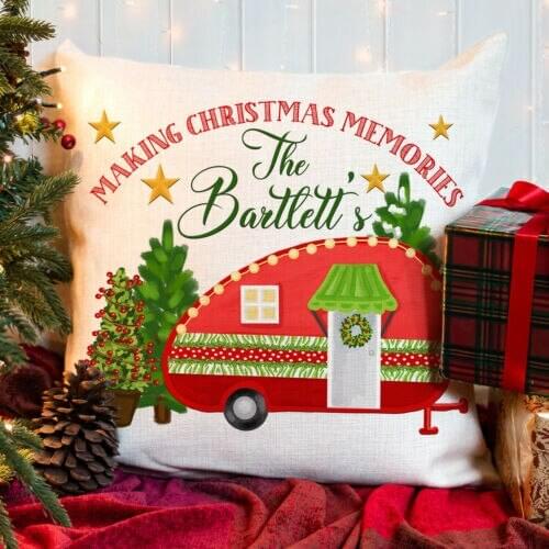 Personalised Caravan Christmas Cushion Family Xmas Festive Home Gift