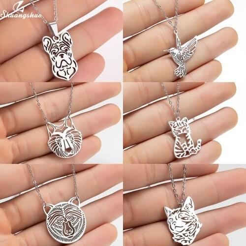 Shuangshuo Origami Animal Necklace for Women Men Wolf Cat Fox Bear Pendant Necklace Bird Chain Stainless Steel Jewelry Gifts