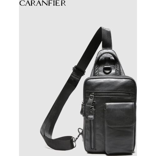CARANFIER Mens Chest Bags Shoulder Messenger Bag Genuine Cowhide Leather Casual Men Zipper Soft Male Classic Small Travel Bags