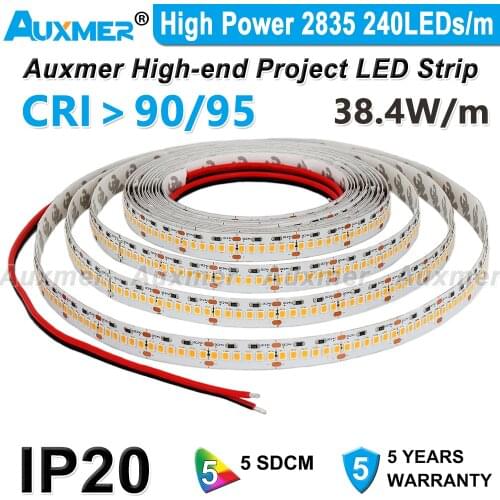 High Power 2835 240LEDs/m LED Strip,CRI95 CRI90,PCB Wide 12mm,IP20 DC24V,38.4W/m 1200LED/Reel,Non-waterproof for Conference hall