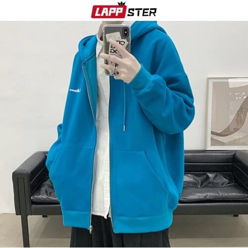 LAPPSTER Men Harajuku Zipper Up Hooded Hoodies 2021 Mens Korean Fashions Colorfuls Sweatshirts Male Couple Pocket Solid Clothing