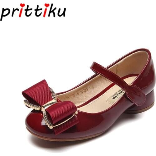 2020 Toddler Girls Bowknot Flats Little Kids Patent Leather Fashion School Mary Jane Big Children Low Heel Brand Pink Red Shoes